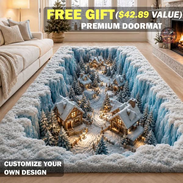 3D Winter Village Ice Canyon Area Rug, Christmas Village Kitchen Mat, Snow Cabin Lantern Runner Rug, Holiday Home Decor, Snowy Cabin Doormat
