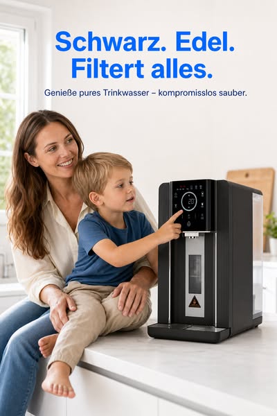 Kein Wasseranschluss nötig. 100 % gefiltertes Trinkwasser mit 3-stufigem Filtersystem
