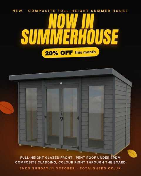 Now in summerhouse. Composite, full-height glass front