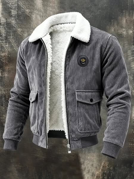 MenS Warm Outdoor Jacket With Lamb Wool Lining And Corduroy Trim - Picture 1 / M