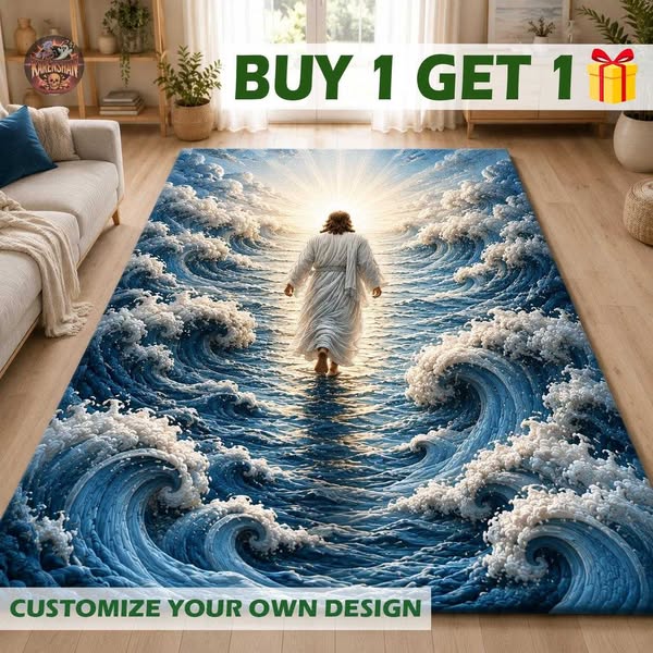 3D Jesus Miracle Area Rug, Christian Faith Kitchen Mat, Walking on Water Runner Rug, Spiritual Faith Home Decor, Biblical Ocean Doormat