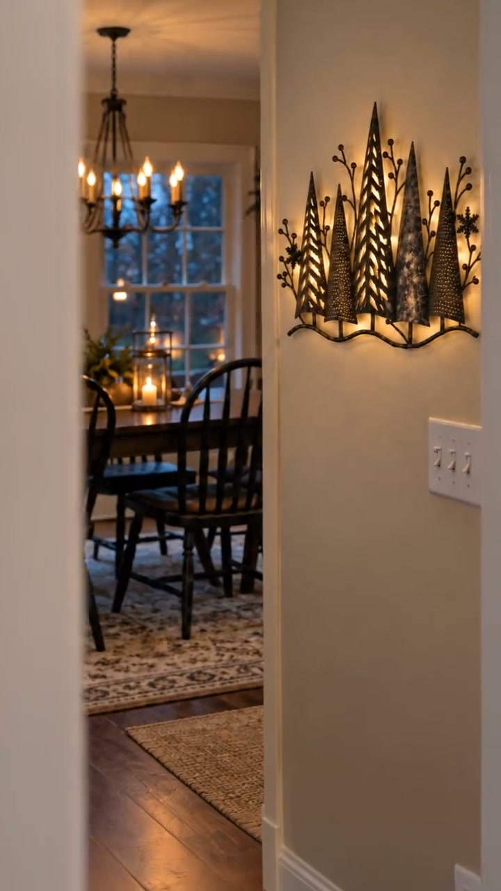 Decorazione da parete vintage in metallo con motivo boschivo illuminata