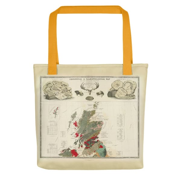 Scotland Tote Bag with vintage map print of Geological & palaeontological map of Scotland 1854, by A.K. Johnston and E.Forbes, Yellow