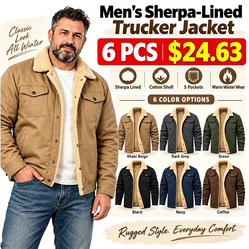 BESTSELLER | 6PCS $24.63 | Men's Sherpa- Lined Cotton Trucker Jacket