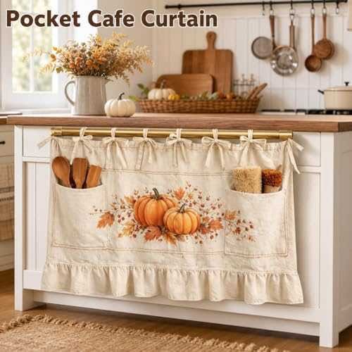 Personalized Fall Oven Skirt, Custom Family Name Oven Curtain with Pockets, Pumpkin Farmhouse Kitchen Decor, Ruffled Stove Skirt, Autumn Hom