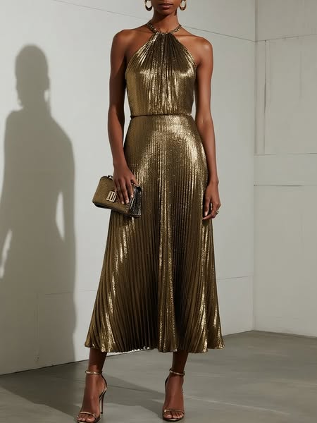 Yellow Brown Pleated Satin Halter Sleeveless A-Line Maxi Dress