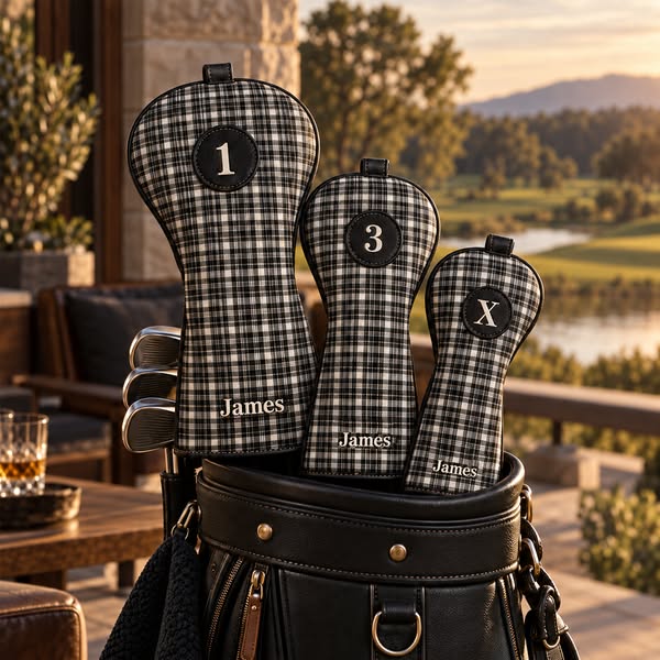 Personalized Golf Club Headcovers With Interchangeable ID Patches, Anti-Loss Adjustable Drawstring, Striped And Plaid Designs Golf Enthusias