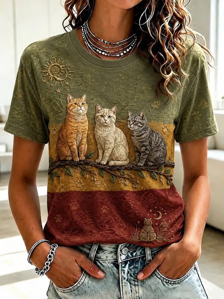 Womens Vintage Garden Cat Print T-Shirt - Picture 1 / XL