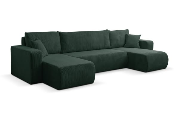 Sofa Luna U w kształcie U, z funkcją spania, z pojemnikiem na pościel, tkanina sztruksowa, zielony