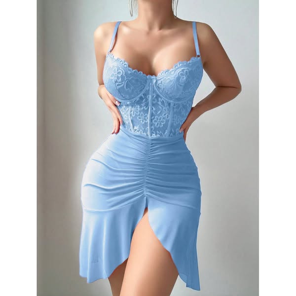 Women 2pcs Set Lace Panel Sheer Night Dress With Underwire Bra And G-String