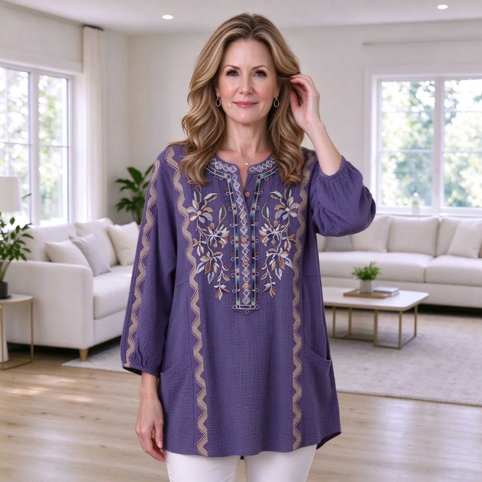 Purple Floral Embroidered Tunic