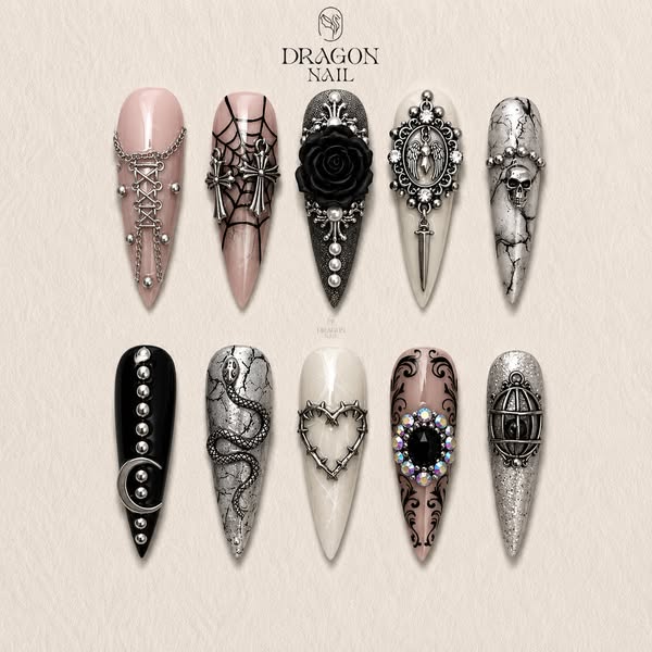Dark Romance Skull Rose Pearl Cross Press On Nails