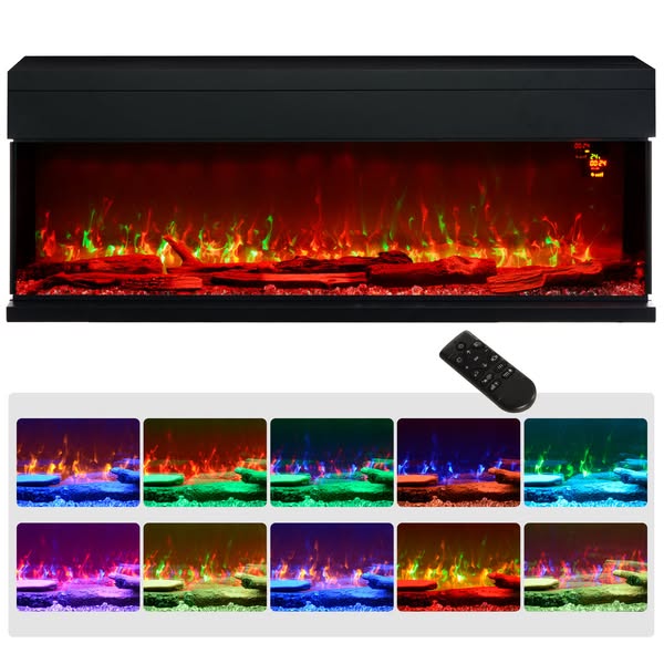 1800W Adjustable 15-40°C Flame Glass Panel Convector Heater 127cm - Black