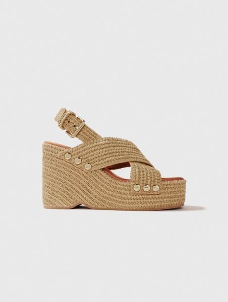 €189 - Sandales Compensées Effet Raphia - Beige - Taille 39 - Maje