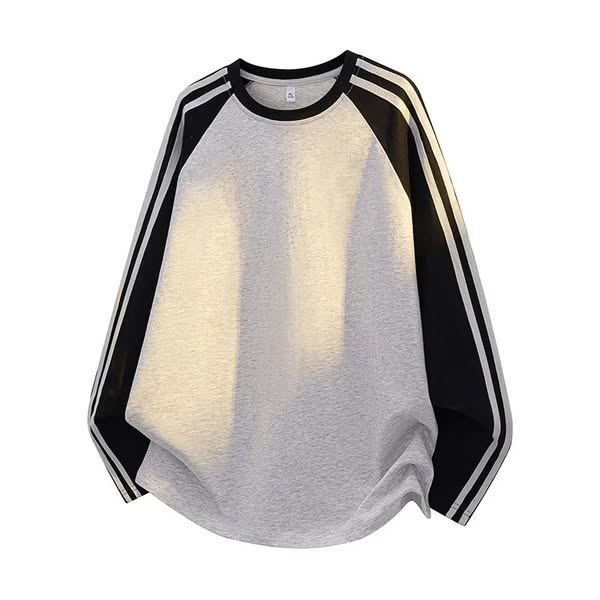Striped Spliced Color Block Plus Size Long Sleeve T-Shirt S-grey
