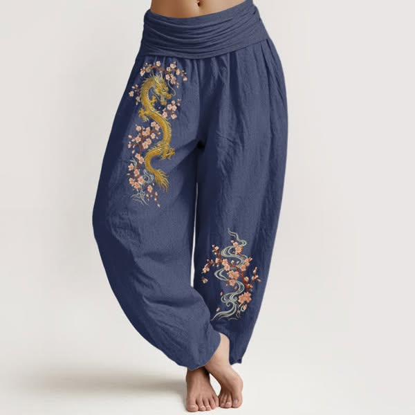 Buddha Stones Pure Cotton Golden Dragon Pink Blossom Pattern Women's Elastic Waist Harem Pants