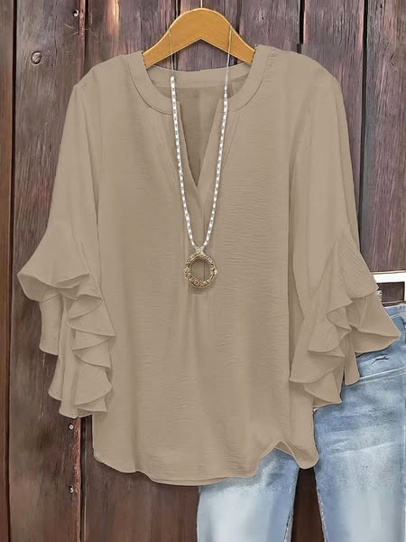 Plus Size Women's Floral V-Neck Blouse Flowy Ruffled Sleeve Top for Arm & Tummy Flattering Lightweight Casual Summer Shirt - Khaki