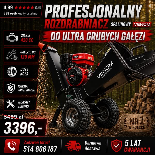TURBO WYPRZEDAŻ ROZDRABNIACZY VENOM Mocny silnik SENCI 420cc gałęzie do 120 mm i profesjonalna praca bez kompromisów