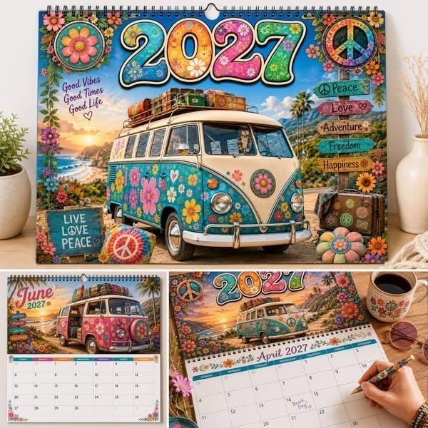 2027 Hippie Boho Wall Calendar – Retro Road Trip Calendar - Buy 1