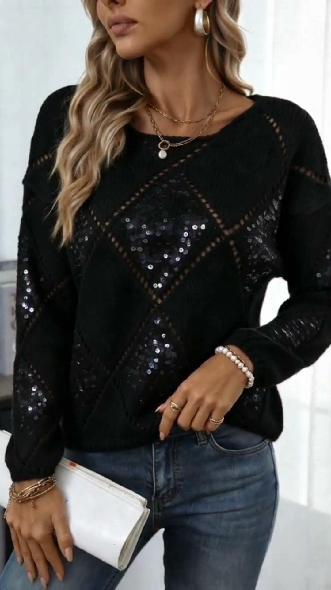 Sparkly Sequin Diamond Knit Sweater Top