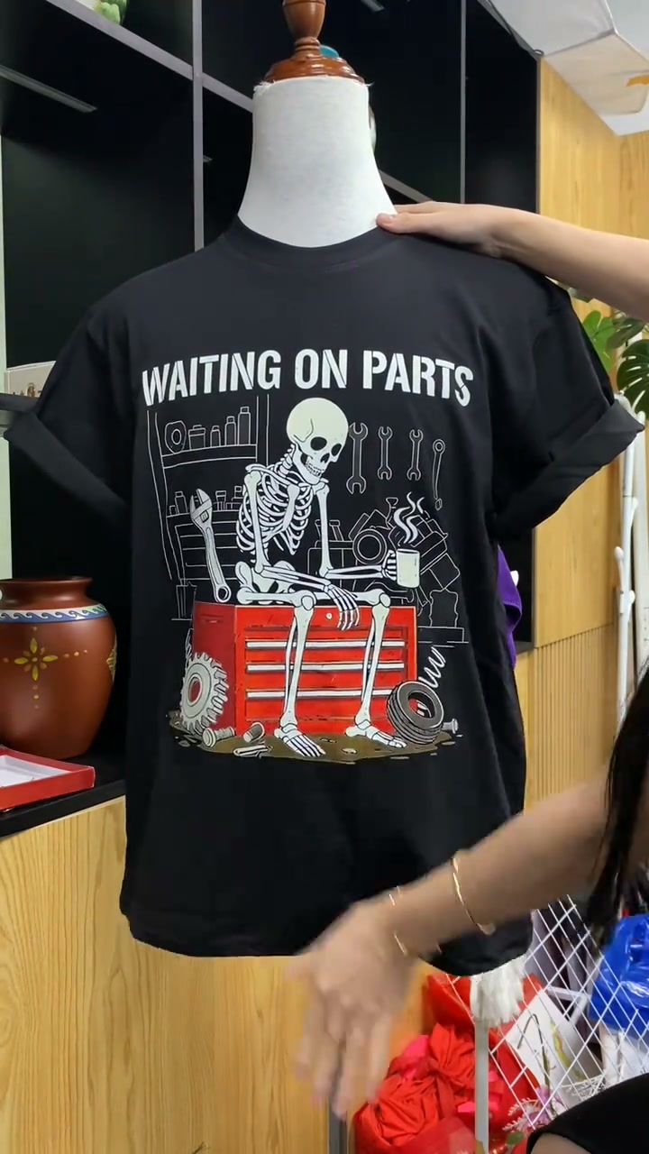 Funny Mechanic Tee – “Waiting On Parts” Skeleton Auto Repair Shirt