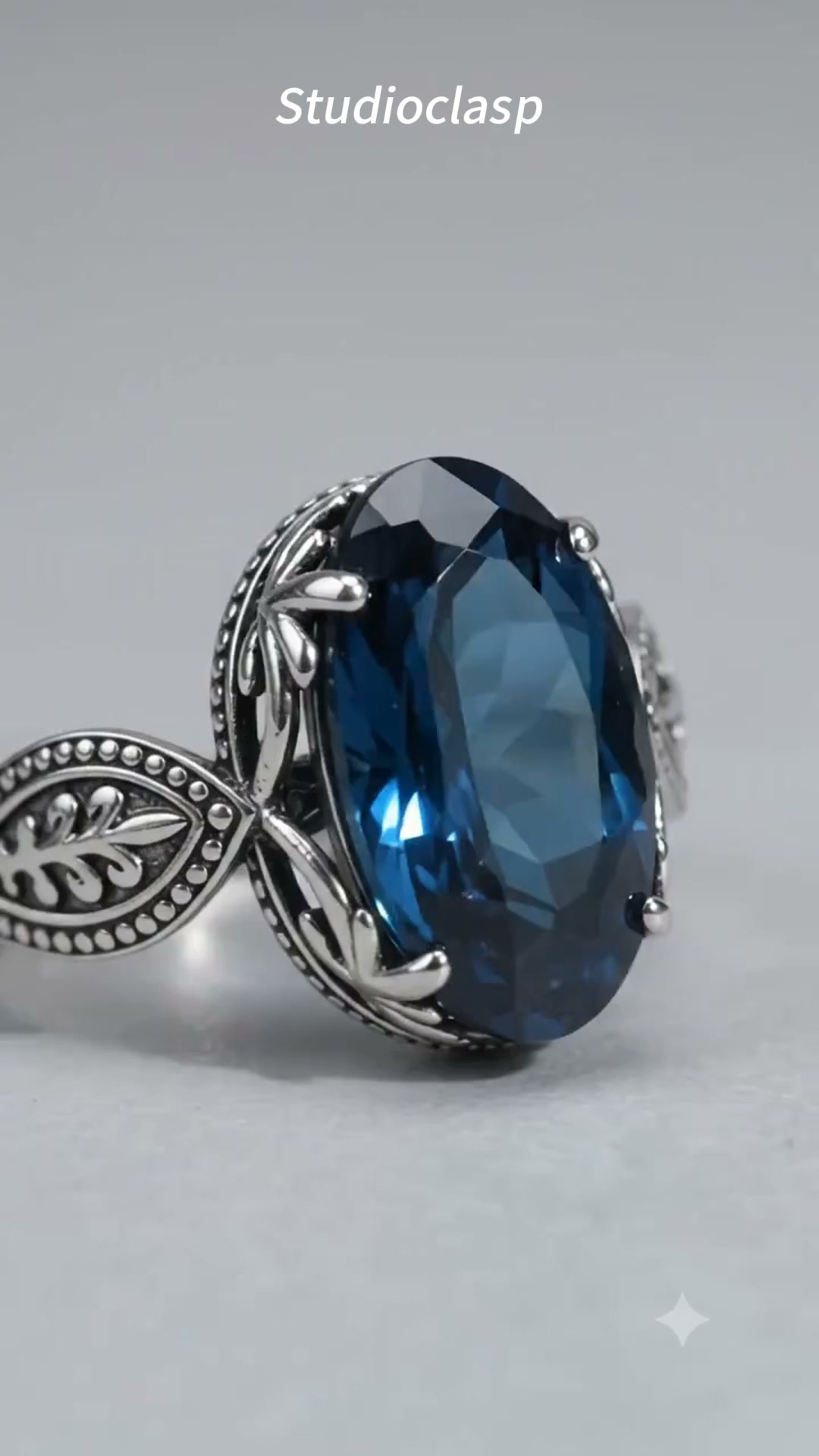 Blue Sapphire Oval Filigree Ring Women Vintage Leaf Art Nouveau Silver Cocktail Ring