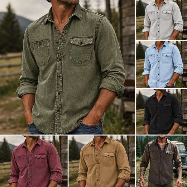 Rugged Vintage Textured Shirt Men's Casual Outdoor Button Up Long Sleeve