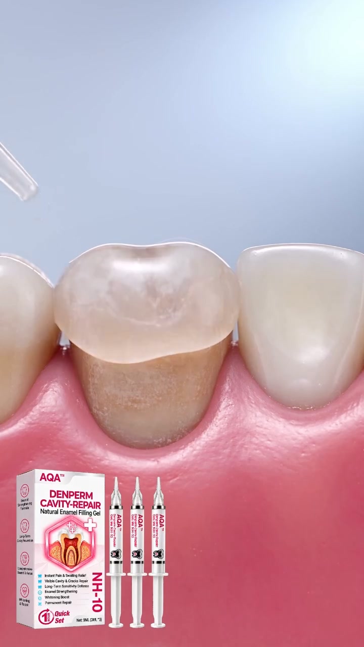 DenPerm Gel harnesses biomimetic 10% Nano-Hydroxyapatite (NH-10) to permanently fill cavities and reconstruct damaged enamel.
