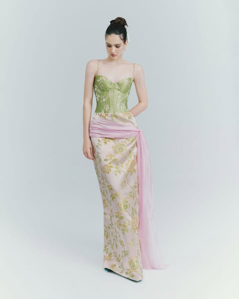 Floral Corset Gown with Ruched Tulle Sash