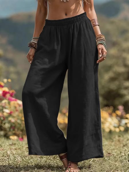 Multicolor Linen Blend Drawstring Wide Leg Pants Black-2XL