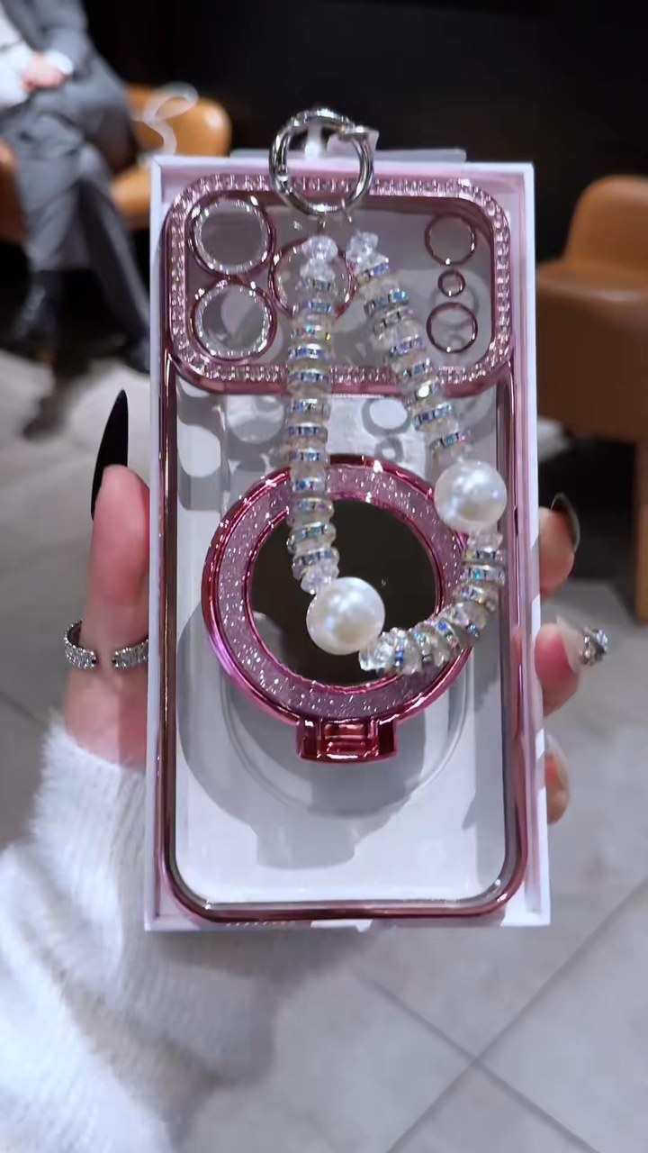 Sparkling Diamond Women's Phone Case with Mirror & Stand for iPhone 12/13/14/15/16/17 Pro Max,17Air,14/15/16 Plus
