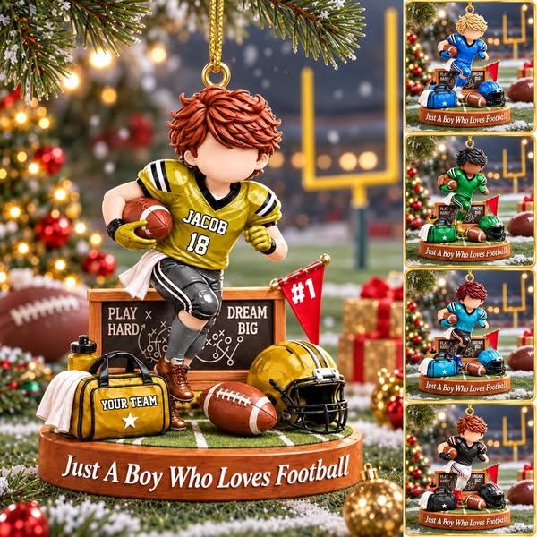 Personalized Just A Boy Who Loves Football Ornament, Custom Player Name & Number Christmas Gift