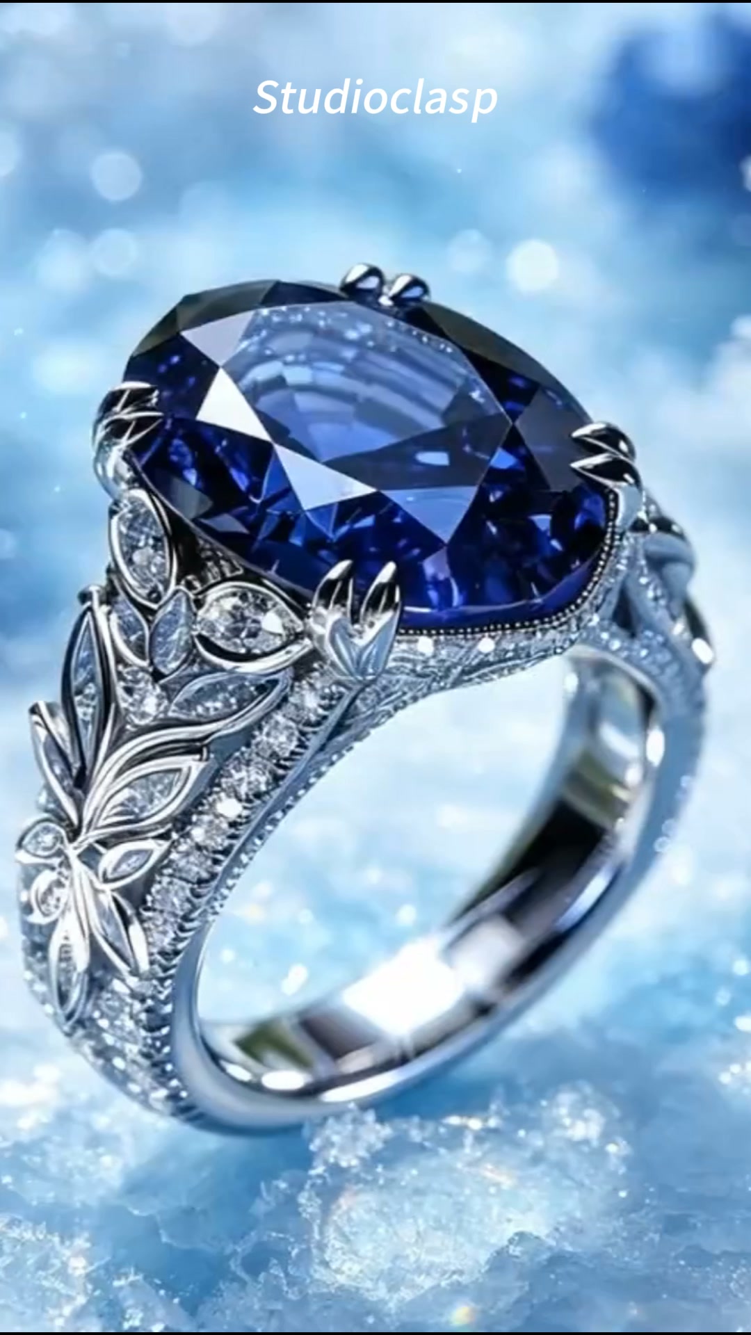 Oval Blue Sapphire Vintage Filigree Ring Women Art Nouveau Leaf Butterfly Engagement Ring