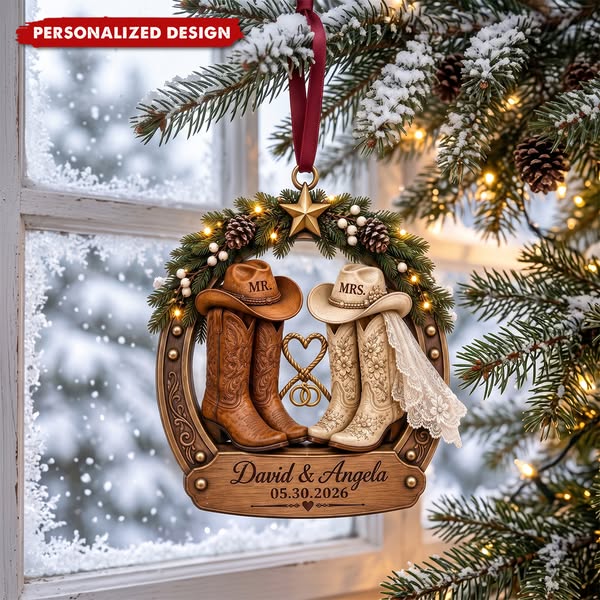 Personalized Western Cowboy Boots Ornament, Custom First Christmas Married 2026, Couple Keepsake