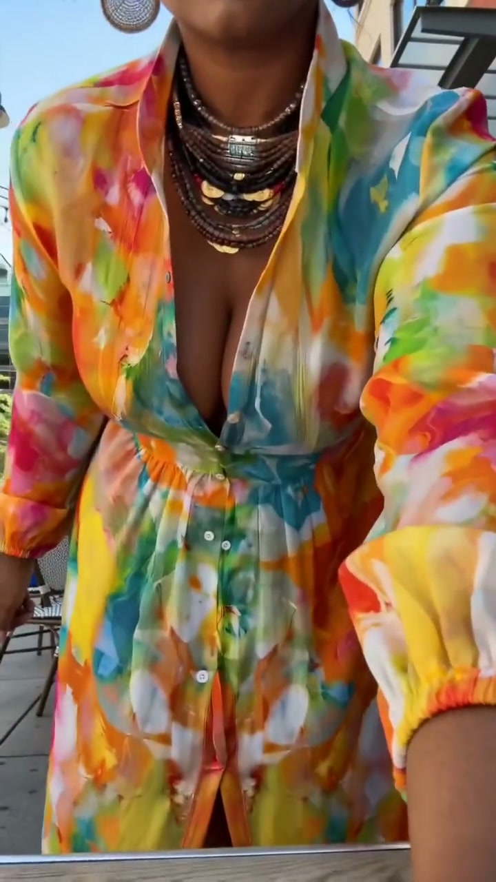 Contrast Color Printed Lapel Maxi Dress
