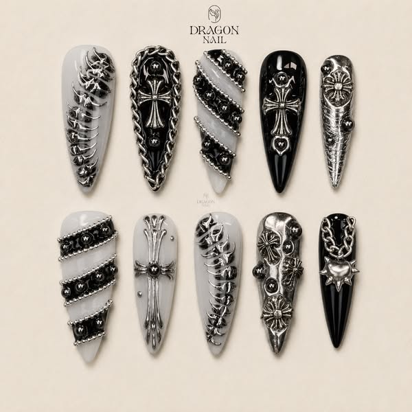 Chrome Cross Gothic Punk Edgy Stiletto Press On Nails