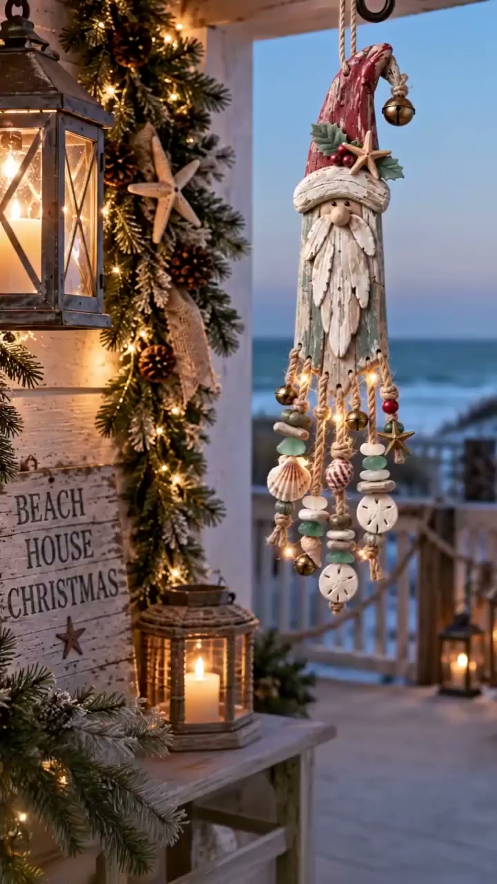 Vintage Coastal Santa Lighted Wall Decor – Beach House Christmas Hanging with Starfish, Shells & Warm Glow