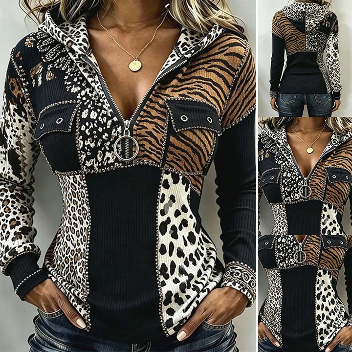 Leopard Patchwork Half Zip Hooded Top