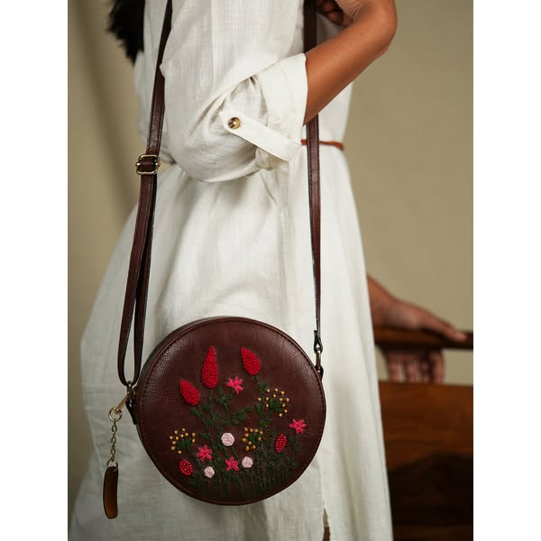 20% off - Hand Embroidered Crimson Cornfield Round Sling Bag