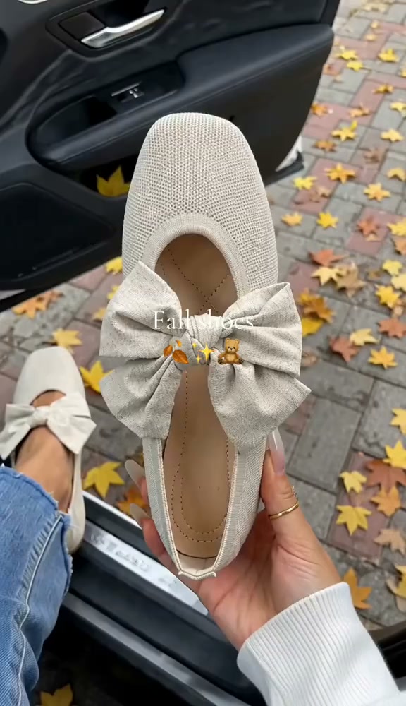 Women's Square-Toe Knit Bow Flat Shoes