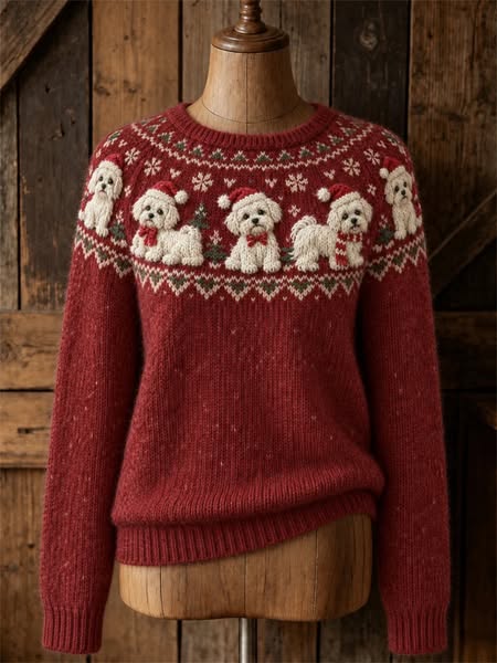 Pull rouge de Noël aux petits chiens festifs