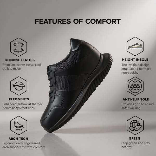 10 CM/3.94 Inches CMR CHAMARIPA Men's Black Elevator Sneakers - Genuine Leather Shoes for 10cm Height Increase