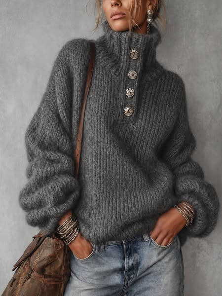 Charcoal Gray Metallic Thread Button Detail Oversized Sweater
