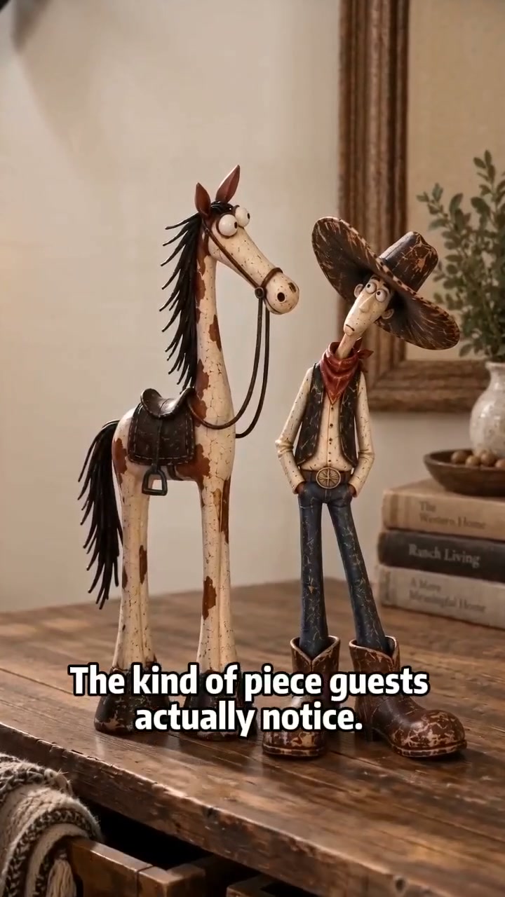 Rustic Western Cowboy & Horse Figurine Set – Whimsical Resin Shelf Decor (2-Piece)