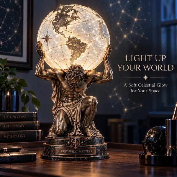 Mythology Atlas Statue with Lighted Celestial Globe