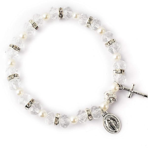 Christianartworkshop Crystal Beads Stretch Bracelet with Crucifix and Miraculous Medal