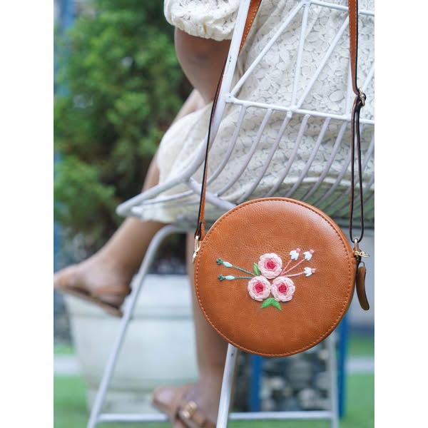 20% off - Hand Embroidered Three Roses Round Sling Bag