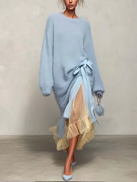 Light Blue Mohair Sweater Dress With Yellow Chiffon Maxi Skirt Patchwork