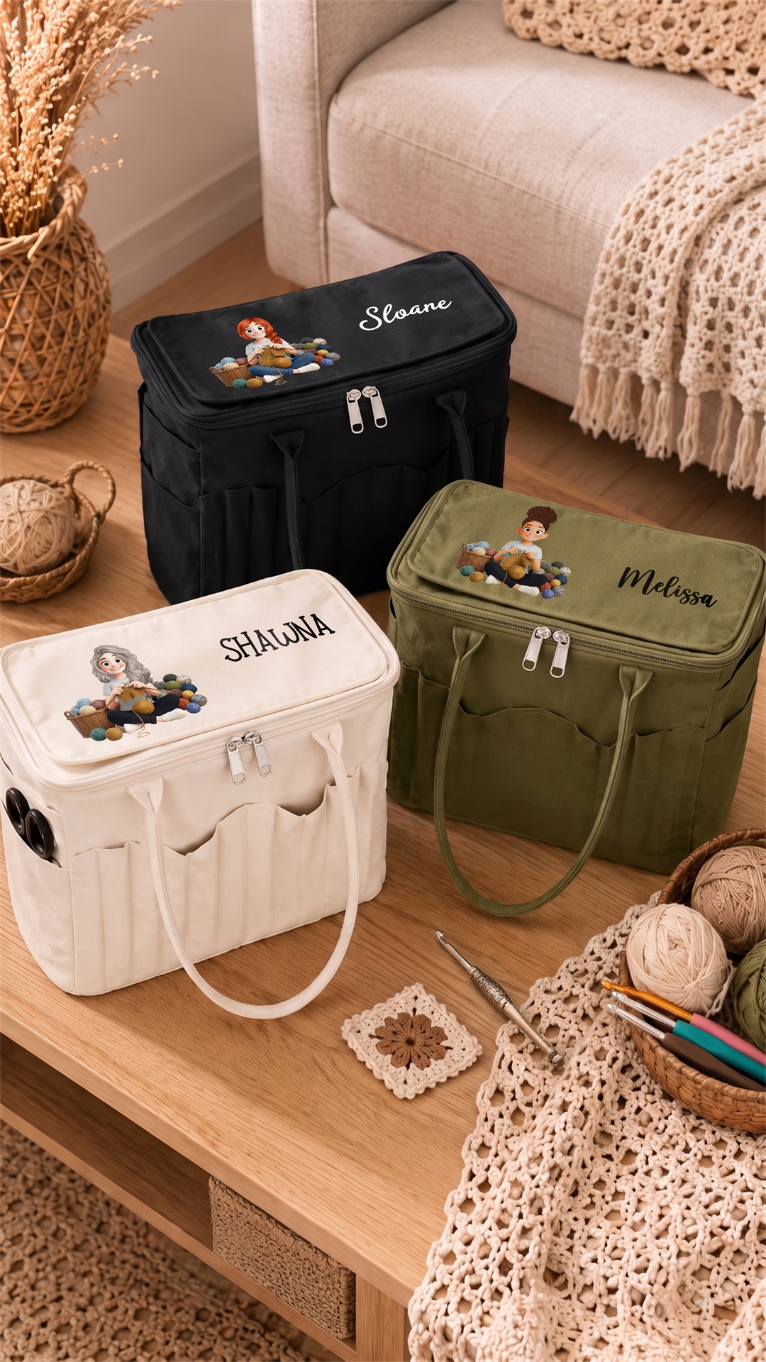 Personalized 3D-Effect Artwork Yarn Knitting Cartoon Character Zippered Storage Bag with Name, Daily Use, Birthday Gift for Knitting Lovers/