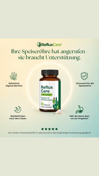 Sodbrennen & sauren Reflux stoppen Wirksam & vorbeugend: RefluxCare ist ein natürliches Nahrungsergänzungsmittel gegen Sodbrennen und sau